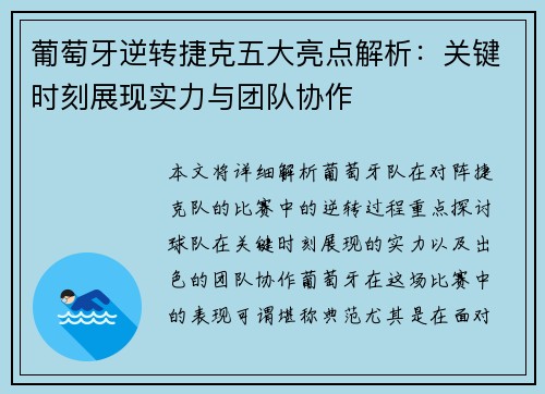 葡萄牙逆转捷克五大亮点解析：关键时刻展现实力与团队协作