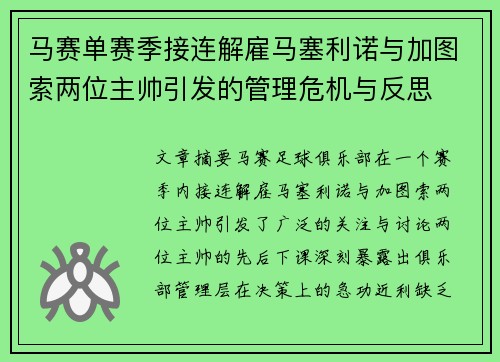 马赛单赛季接连解雇马塞利诺与加图索两位主帅引发的管理危机与反思